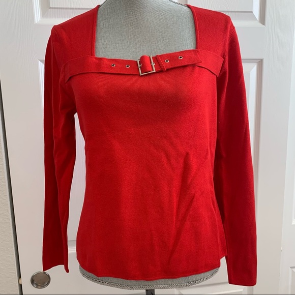 SPENSER JEREMY red thin knit sweater size L with front buckle square neck detail - Picture 1 of 11